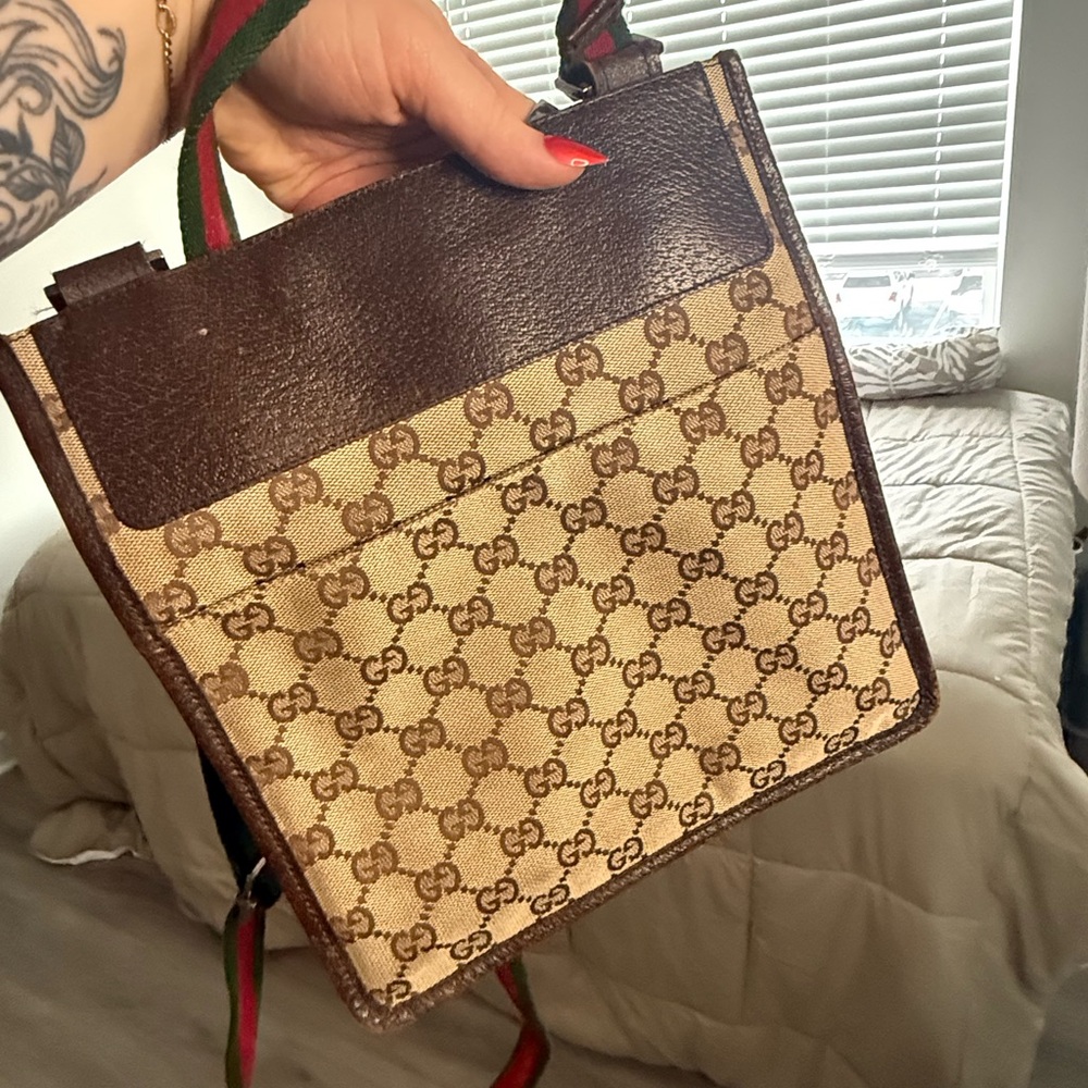 Gucci Beige/Brown Monogram Messenger Bag with Green-Red Web Strap